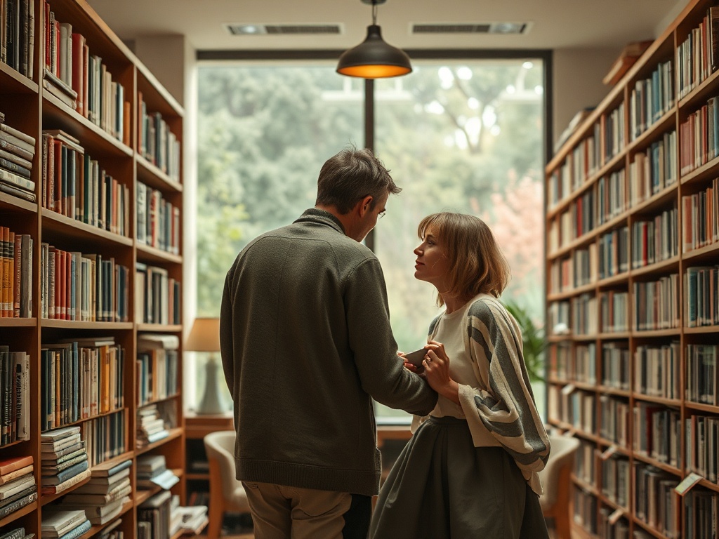 Мужчина и женщина разговаривают в библиотеке, окружённые книгами, в романтической атмосфере.