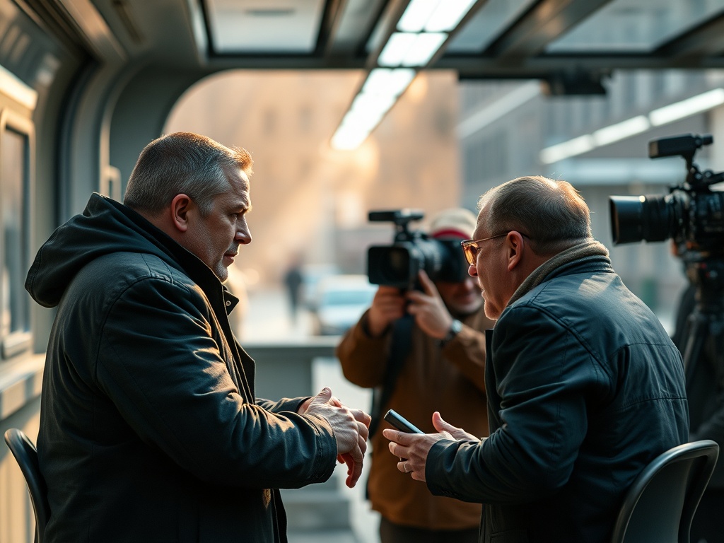 Два человека обсуждают что-то важное на фоне камеры и города в мягком утреннем свете.