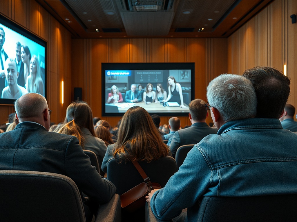 Зал с людьми, сидящими на семинаре, экраны показывают обсуждение и презентацию.