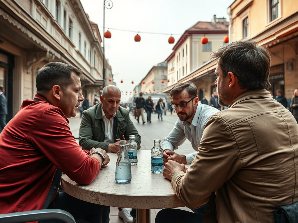 Четыре человека обсуждают что-то за столом на открытой улице, вокруг них много прохожих.