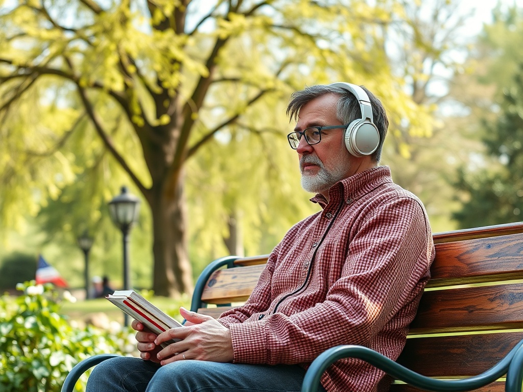 Пожилой мужчина с наушниками читает книгу в парке, наслаждаясь тишиной и природой.
