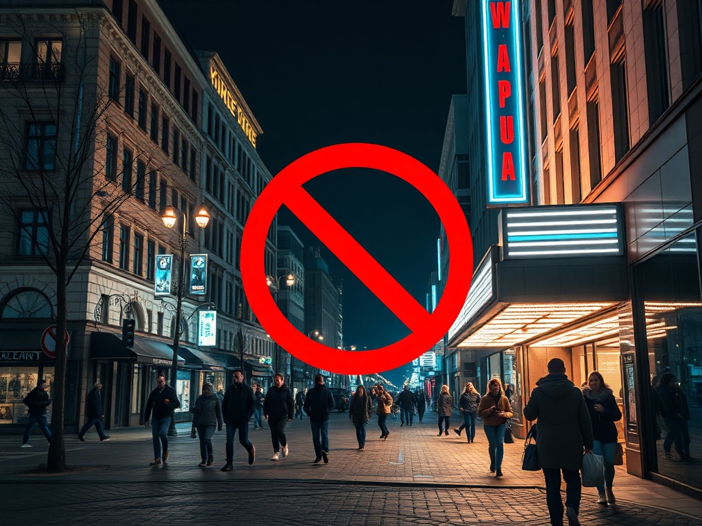 На оживлённой улице ночью люди прогуливаются мимо освещённых магазинов и театров.