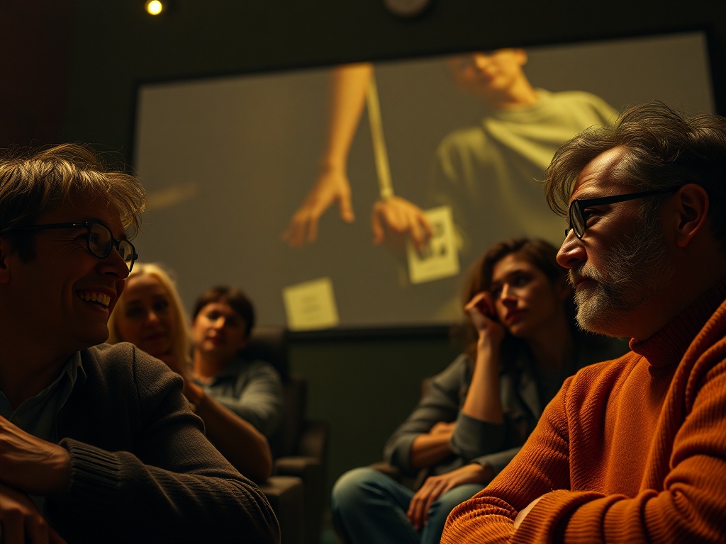 Группа людей обсуждает фильм, фон – кадр с изображением руки и молодого человека. Атмосфера напряженная.