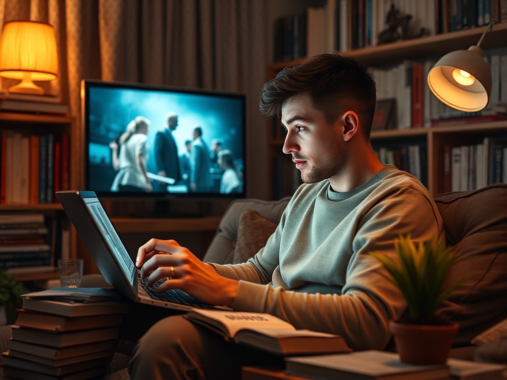 Молодой человек работает на ноутбуке в уютной комнате, на фоне телевизор с фильмом. Тихая и комфортная атмосфера.