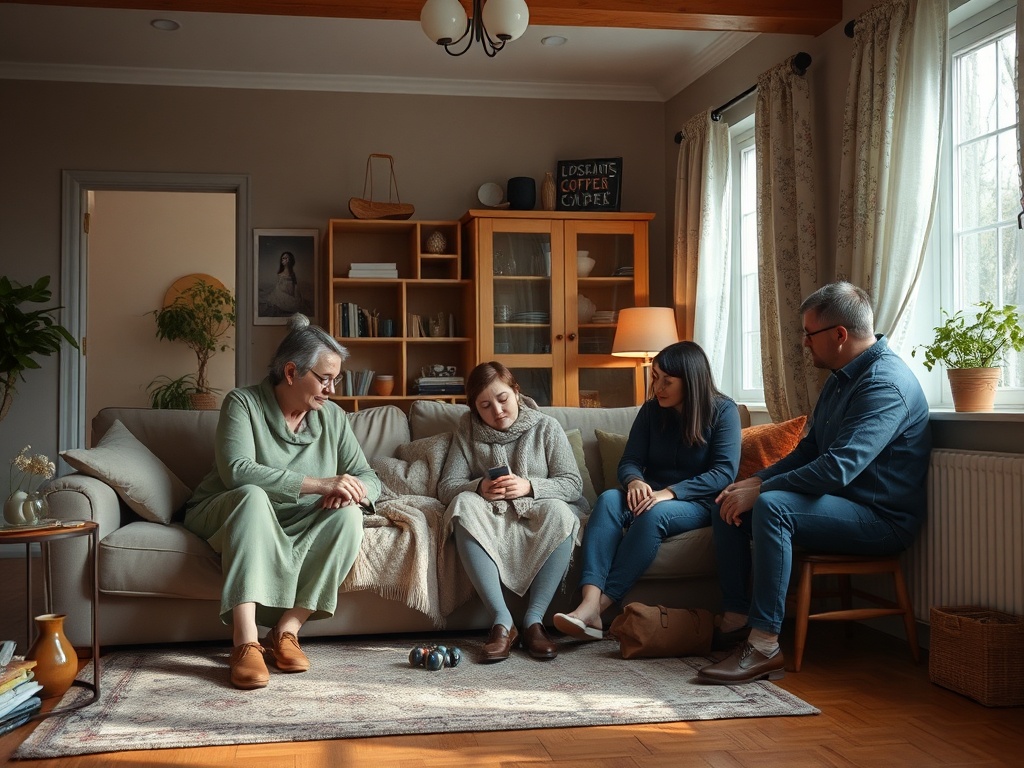 Четыре человека сидят на диване в уютной комнате, обсуждая что-то, одна из женщин смотрит на телефон.