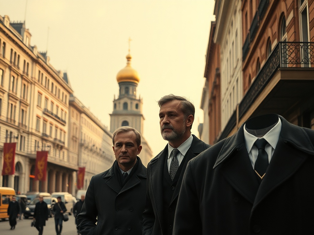 Два человека в строгих костюмах прогуливаются по улице, рядом с ними - манекен без головы. На фоне купол церкви.
