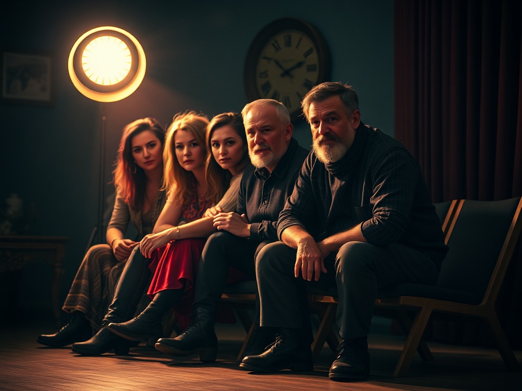 Группа из пяти человек сидит на стульях в уютном интерьере, освещенная теплым светом.