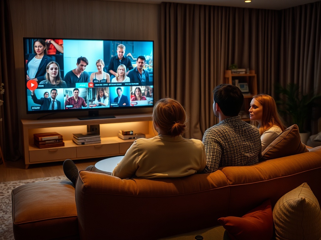 Группа людей смотрит телевизор в уютной комнате, наслаждаясь шоу. На экране кадры различных персонажей.