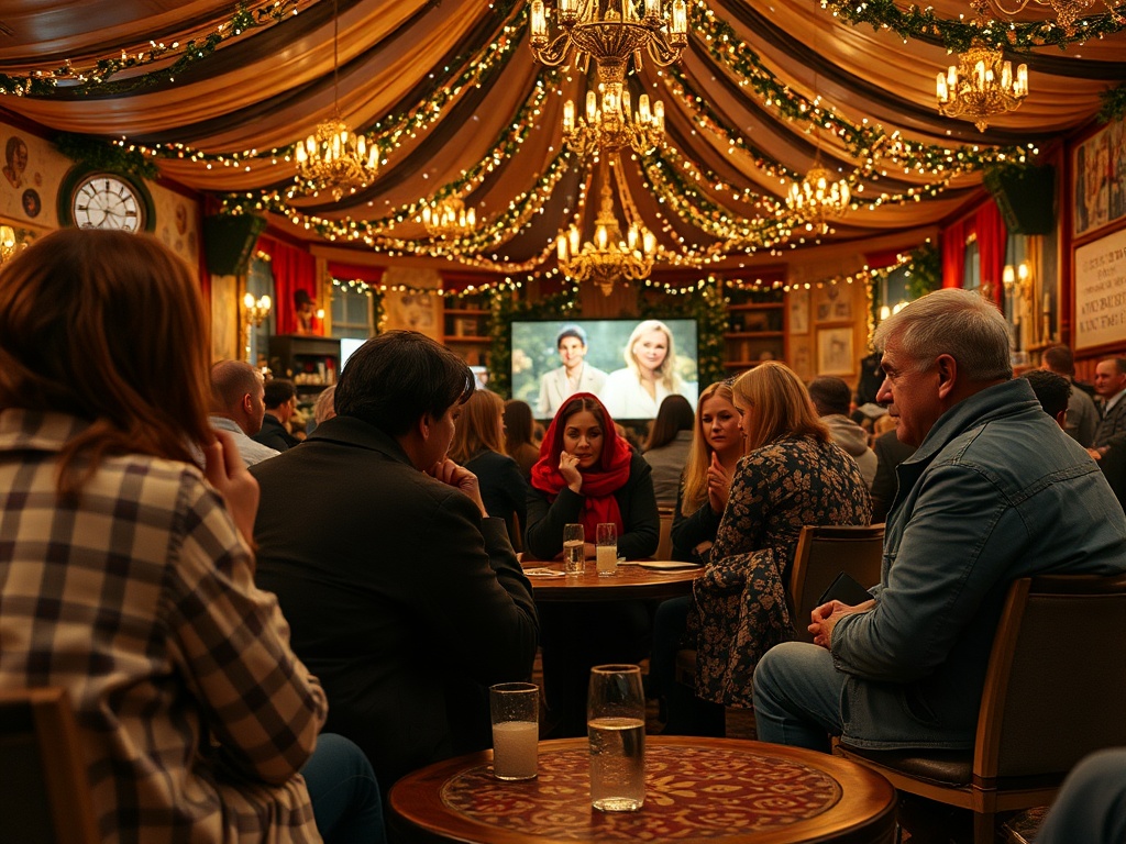 Собрание людей в уютном кафе с красивым декором и фоном, украшенным огоньками и фотографиями.