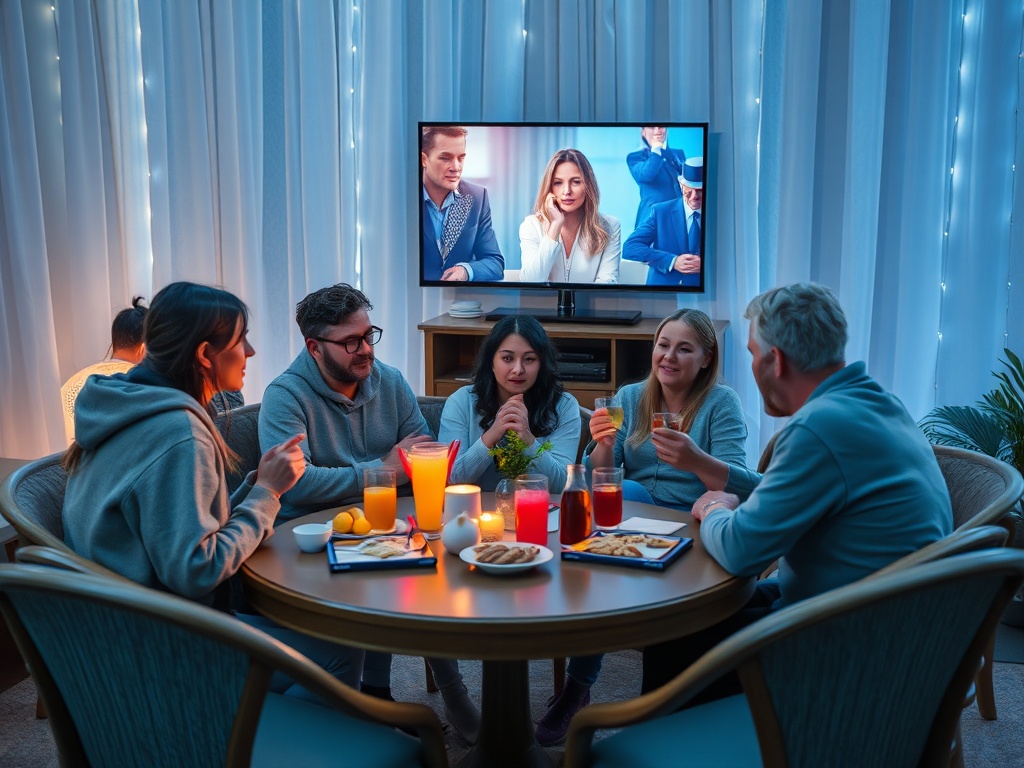 Компания друзей наслаждается вечерним временем, общаясь за столом и смотря телевизор в уютной обстановке.