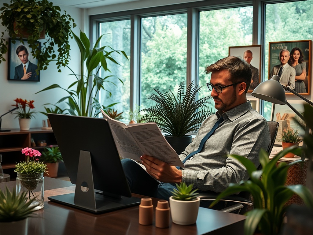 В офисе мужчина читает газету, окружённый зеленью и фотографиями на стенах. Стильная и спокойная обстановка.