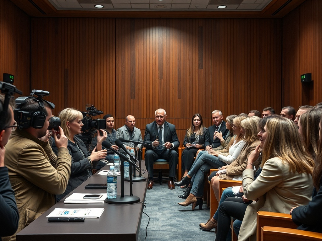 Заседание с участниками и журналистами в комнате с деревянными стенами и микрофонами на столе.