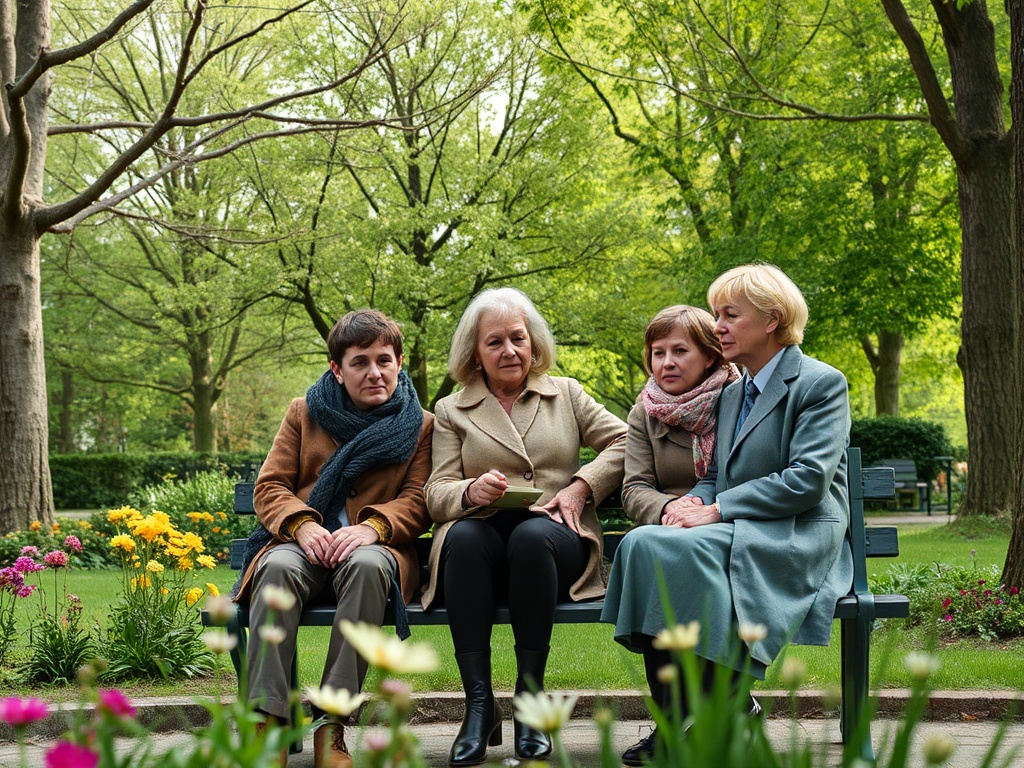 На скамейке в парке сидят четыре женщины, окружающие цветы и зелёные деревья.