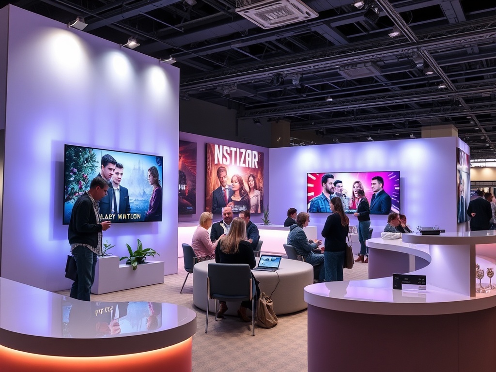 Выставочный стенд с экранами, людьми, обсуждающими новинки и стильным дизайном интерьера.