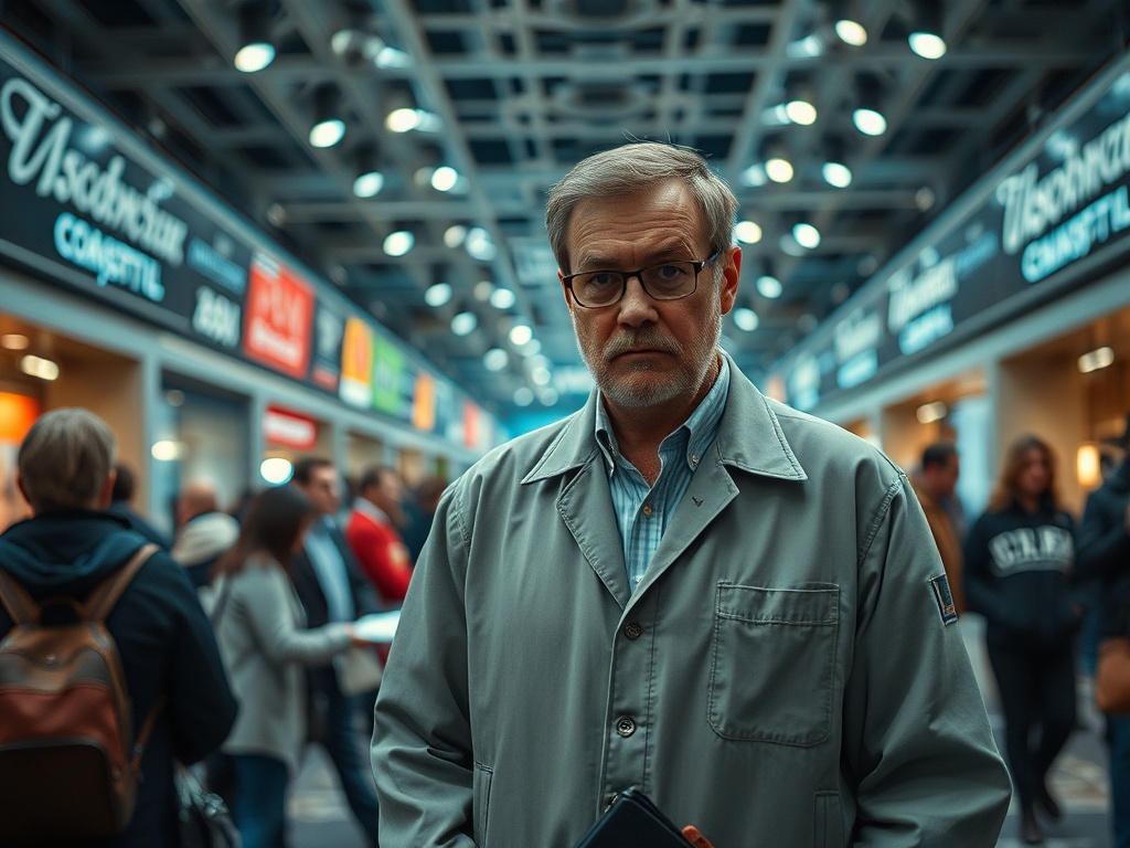 На снимке пожилой мужчина в очках смотрит в камеру на фоне ярких вывесок и людей в зале.