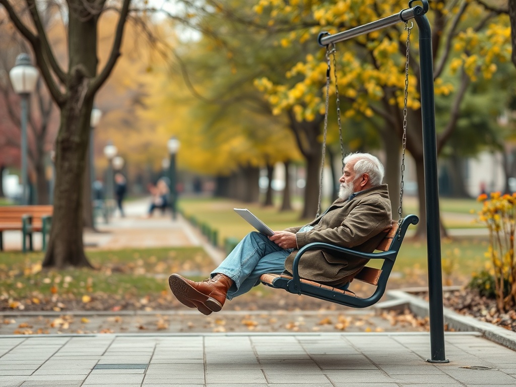 Пожилой мужчина с седой бородой сидит на качелях и читает книгу в парке осенью.