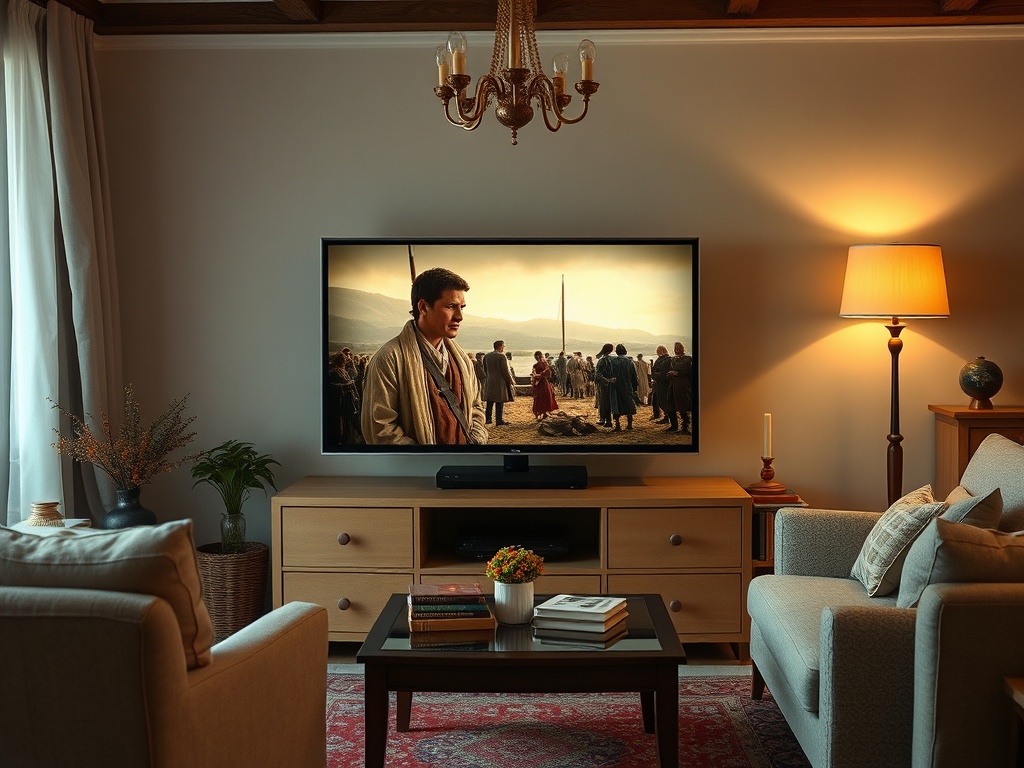Комната с уютной мебелью, на экране телевизора сцена из фильма, люди на фоне живописного пейзажа.