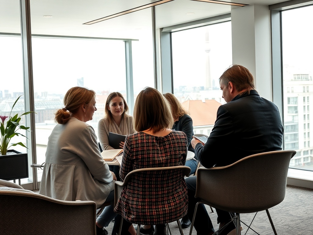Группа людей обсуждает идеи в офисе с большим окнами и видом на город.