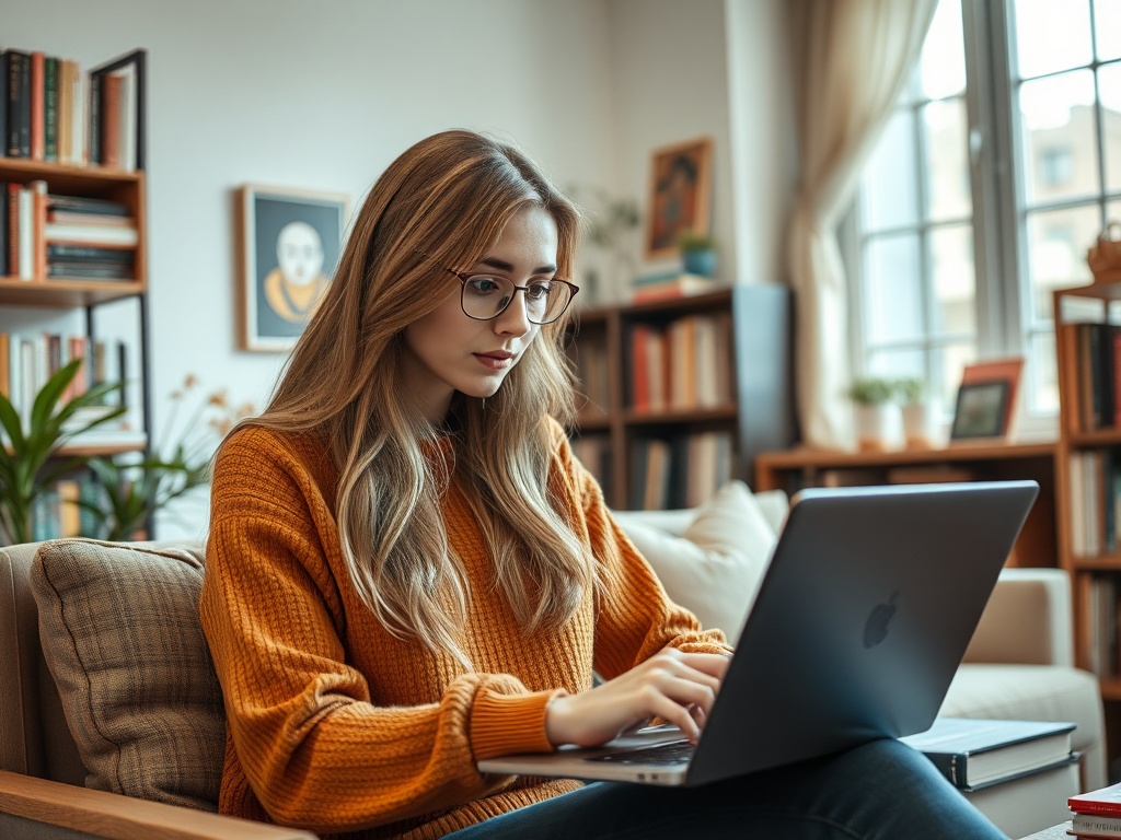 Молодая женщина с длинными волосами сидит на диване и работает на ноутбуке в уютной обстановке.