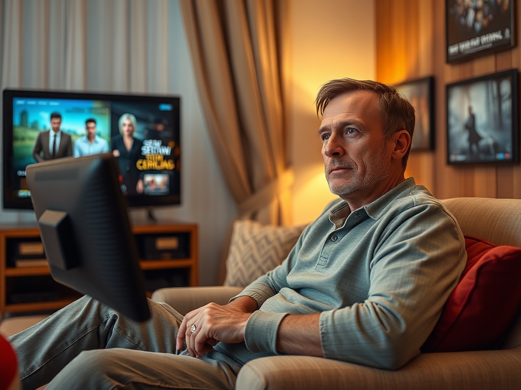 Мужчина смотрит телевизор в уютной комнате, погруженный в просмотр программы.