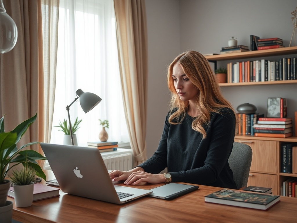 Женщина с длинными светлыми волосами работает на ноутбуке в уютном кабинете с книгами и растениями.