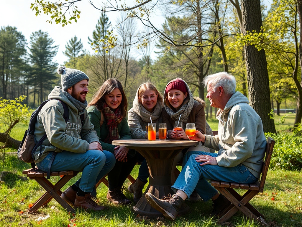 Группа людей сидит за столом в парке, наслаждаясь напитками и общением на свежем воздухе.