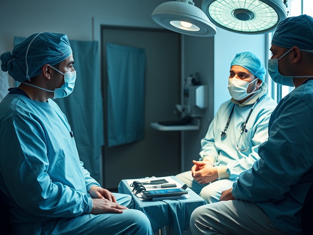 Трое врачей в операционной обсуждают ситуацию, сидя за столом с медицинскими инструментами.