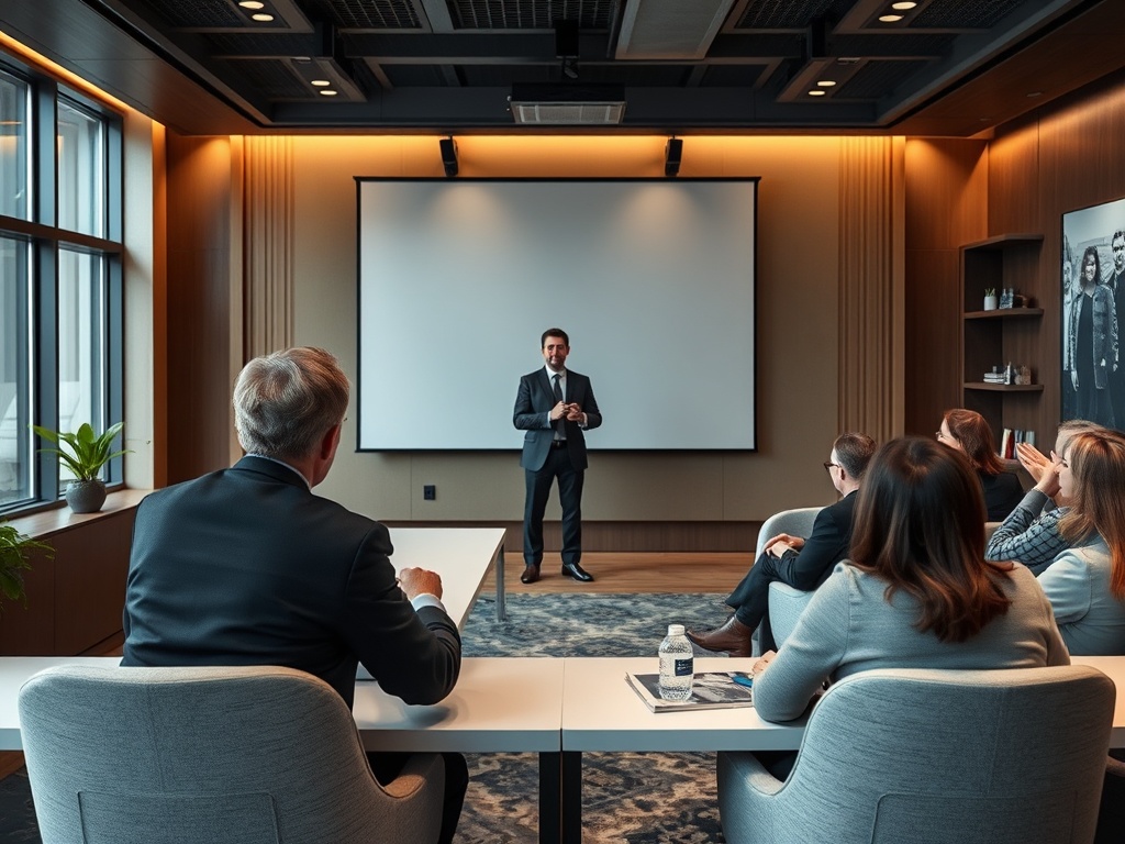 В деловой комнате мужчина выступает перед аудиторией, сидящей за столами. На стене большой экран.