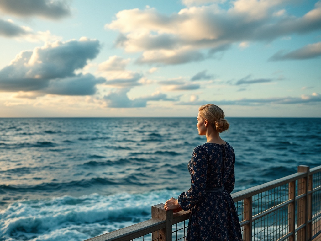 Женщина в цветочном платье смотрит на океан с деревянного настила под облачным небом.