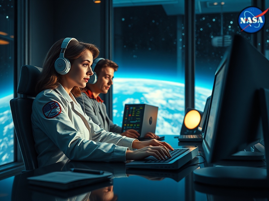 На картинке два человека в космическом центре управления, работающие за компьютерами с видом на Землю.