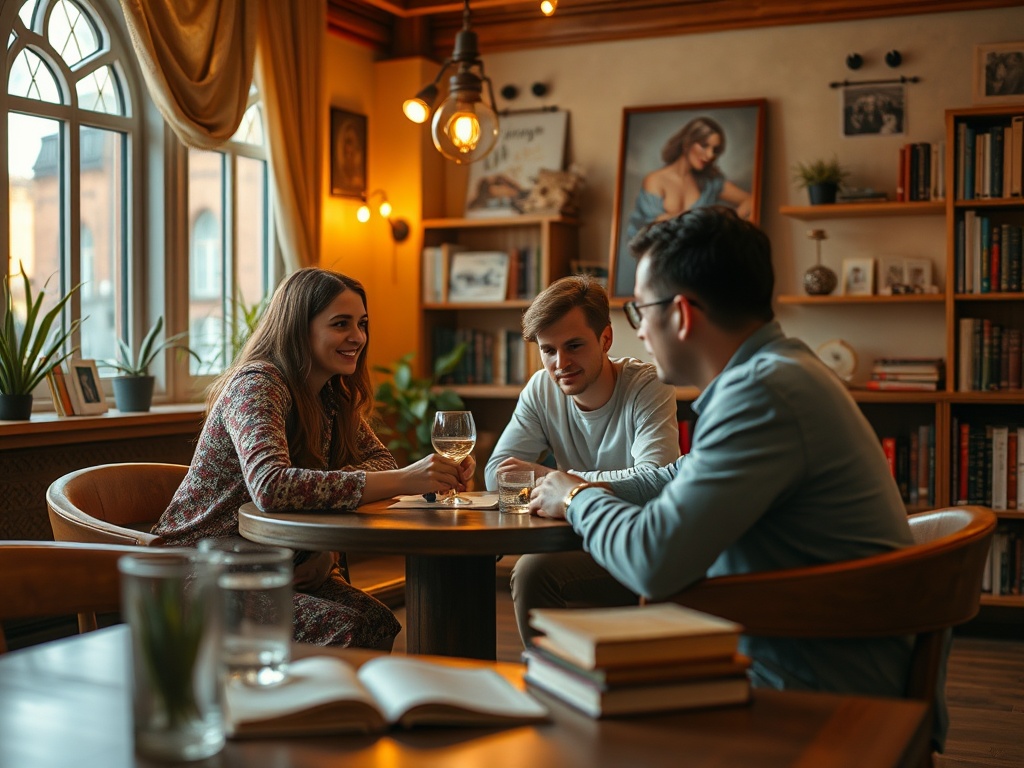 Три человека сидят за столом в кафе, беседуют и наслаждаются напитками, окруженные книгами и уютной атмосферой.