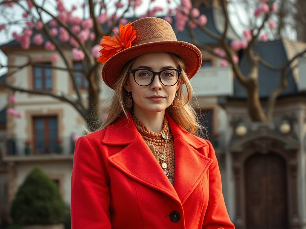Молодая женщина в красном пальто и шляпе с цветком, на фоне цветов и дома. Светлые волосы, серьги и очки.
