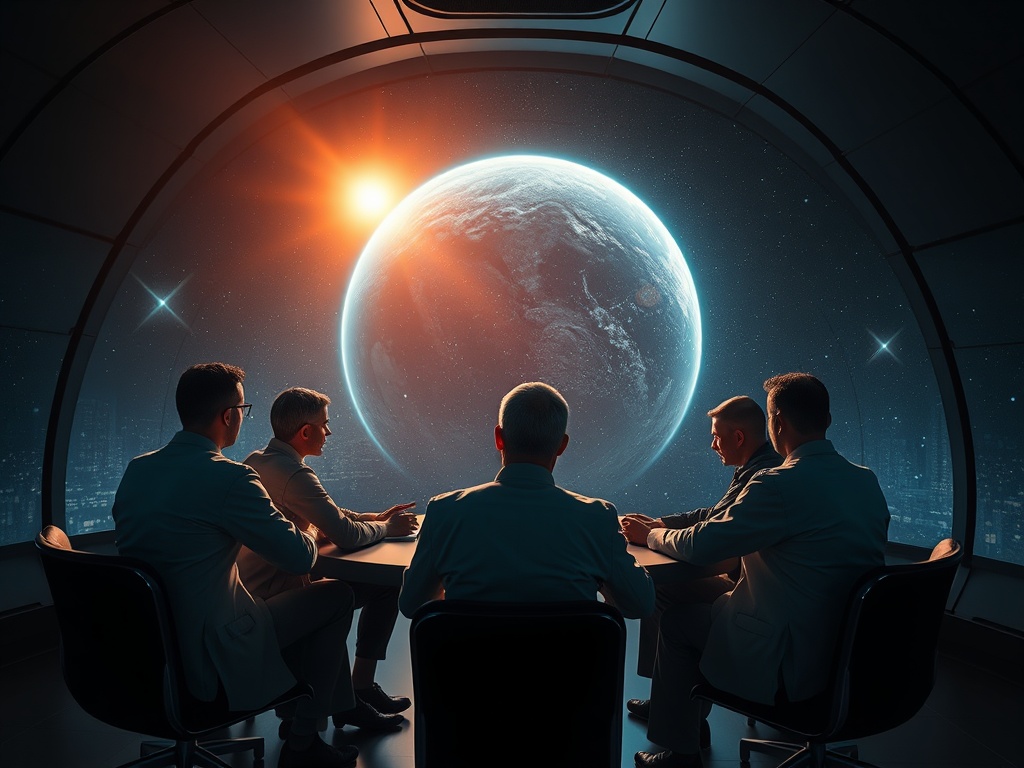 Группа людей в костюмах сидит к столу, смотря на планету через иллюминатор космического корабля.