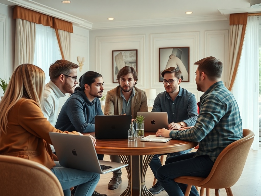 Группа людей обсуждает идеи за круглым столом, окружённым ноутбуками и растением. В светлом помещении.