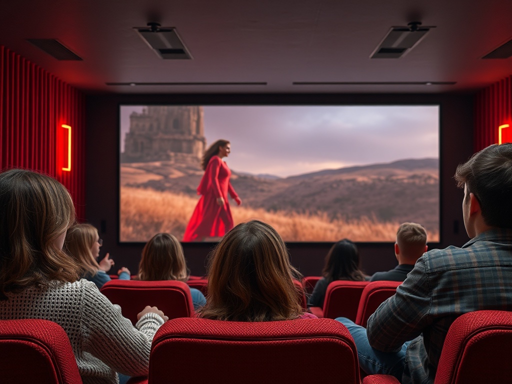 Зрители в кинотеатре смотрят фильм, на экране женщина в красном платье на фоне пейзажа.
