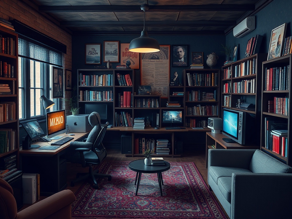Уютный кабинет с большими книжными полками, компьютерами и креслом, окруженный книгами и уютом.