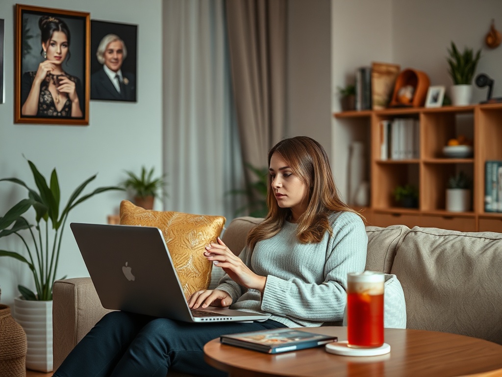 Молодая женщина работает на ноутбуке в уютной комнате с декором и чашкой чая на столе.