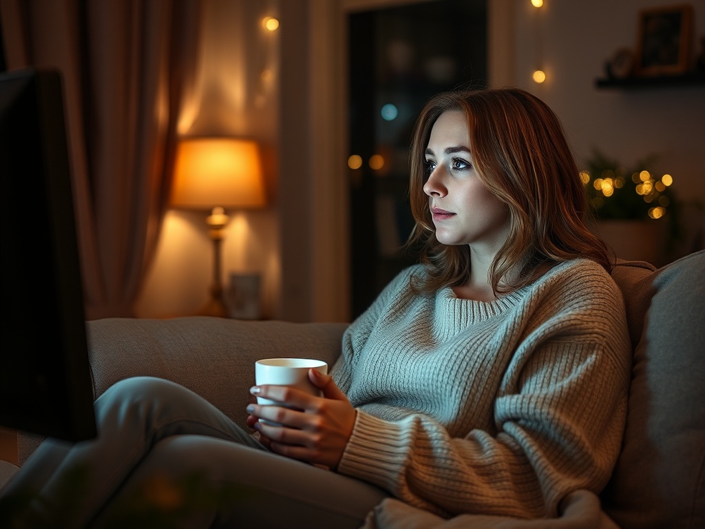 Женщина в свитере сидит на диване с чашкой кофе, смотря на экран телевизора в уютной обстановке.