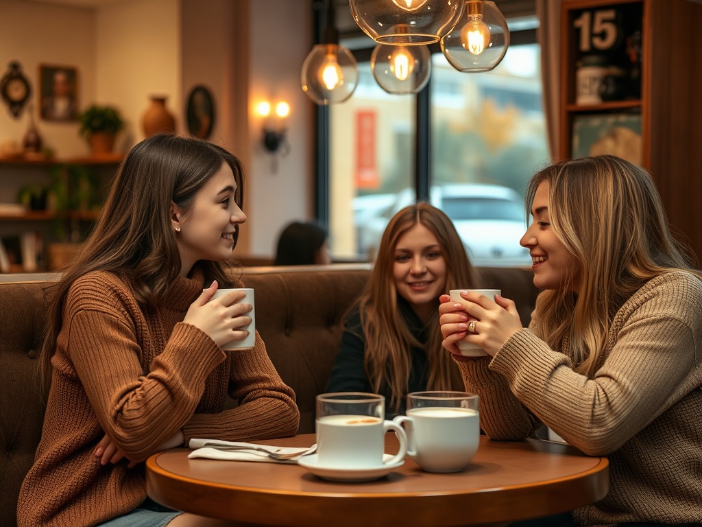 Три девушки беседуют в кафе, наслаждаясь горячими напитками и приятной атмосферой.