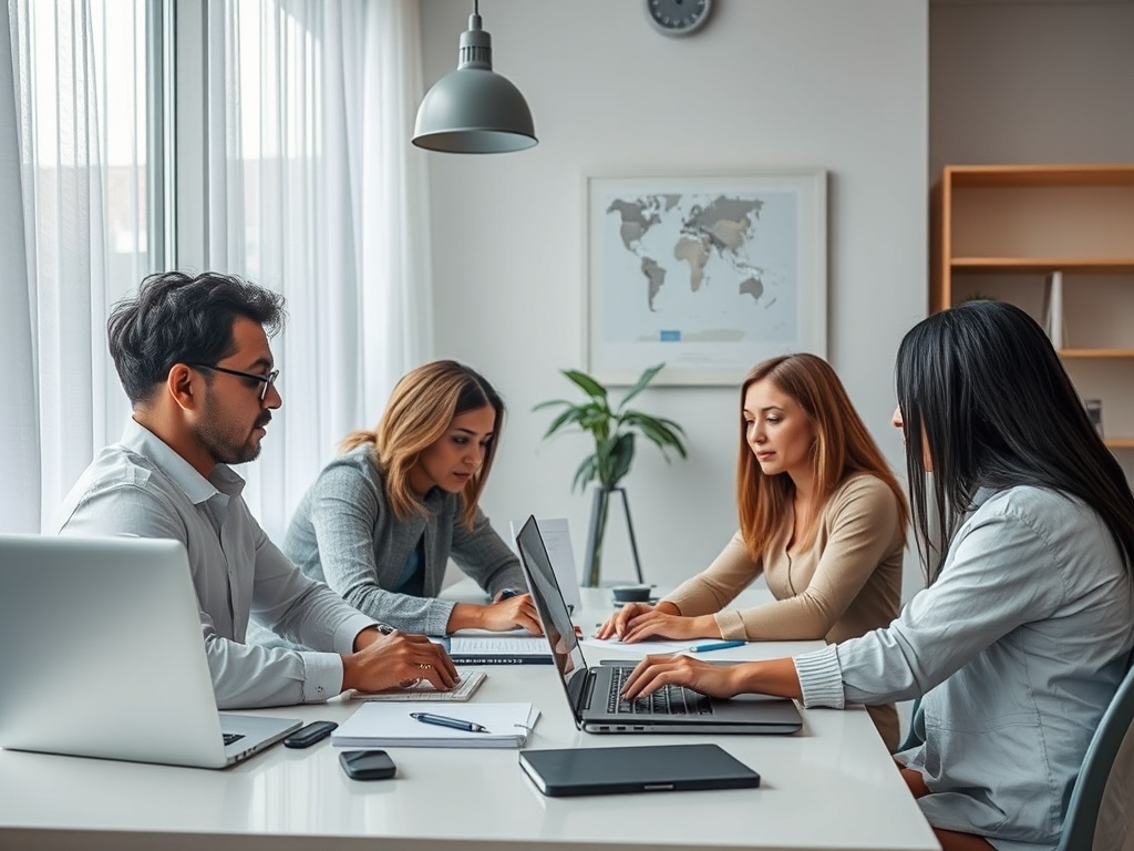 Четыре человека работают за столом в офисе, обсуждая проекты на ноутбуках и записных книжках.