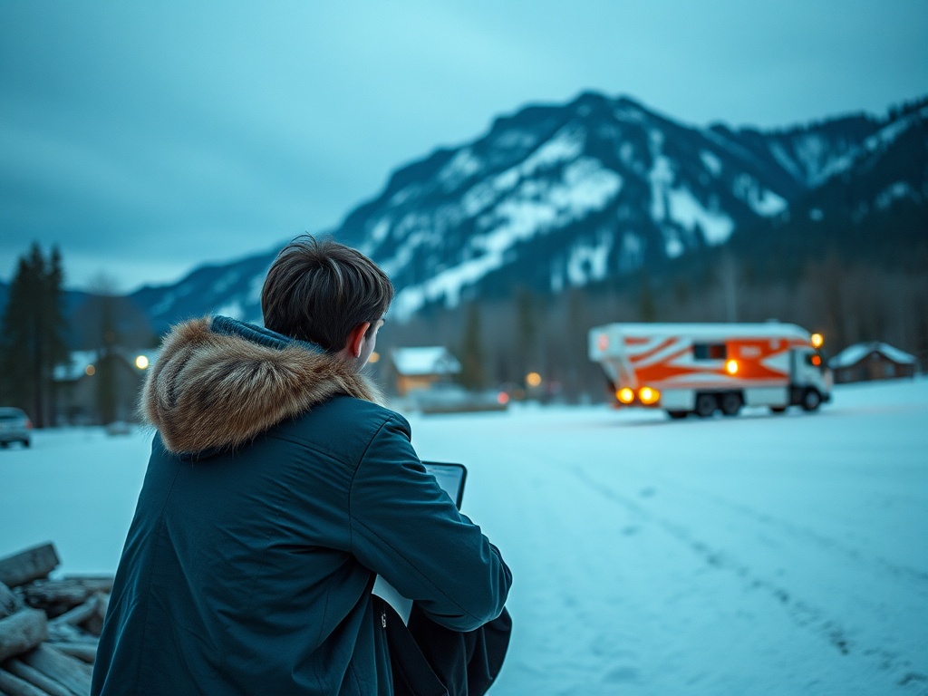 Молодой человек стоит к зрителю спиной на фоне зимних гор и движущегося автодома.