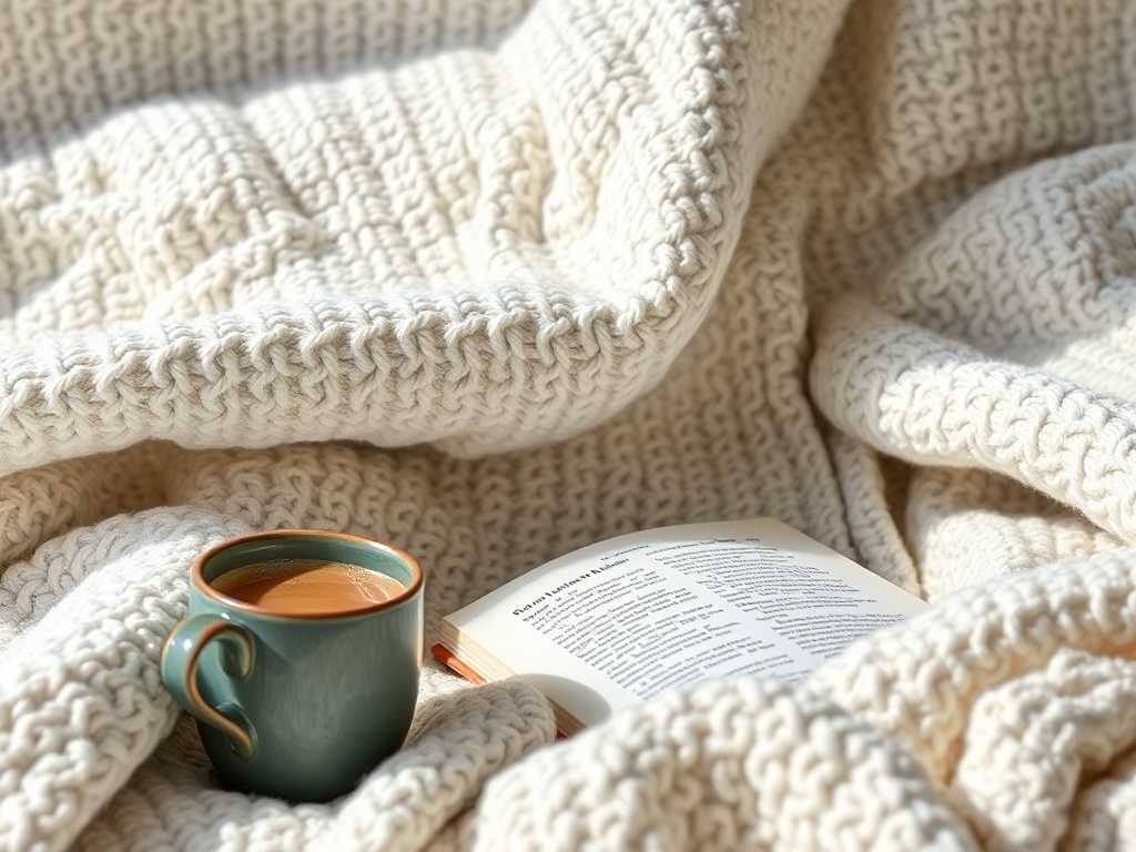 Чашка кофе на фоне уютного пледа и открытой книги, создающих атмосферу уюта и спокойствия.