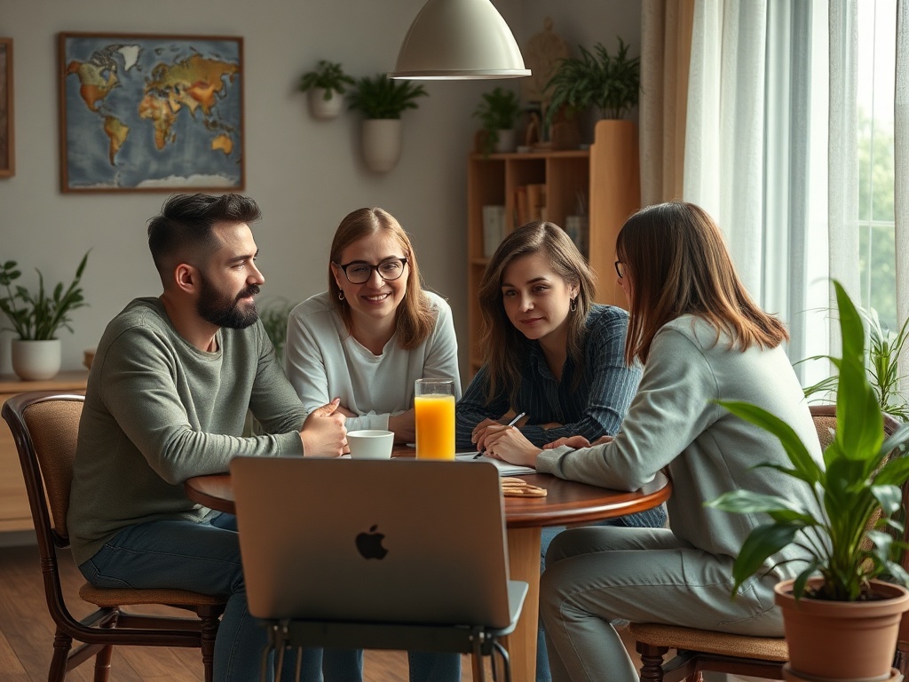 Четыре человека сидят за столом, смотрят на ноутбук и общаются. На столе напитки и блокнот.