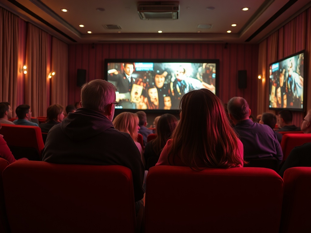 Группа зрителей смотрит фильм в кинотеатре, экраны показывают сцену с персонажами. Атмосфера уютная.