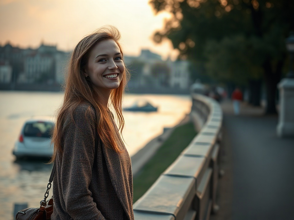 На фотографии девушка с длинными волосами улыбается, глядя на речную набережную при закате.