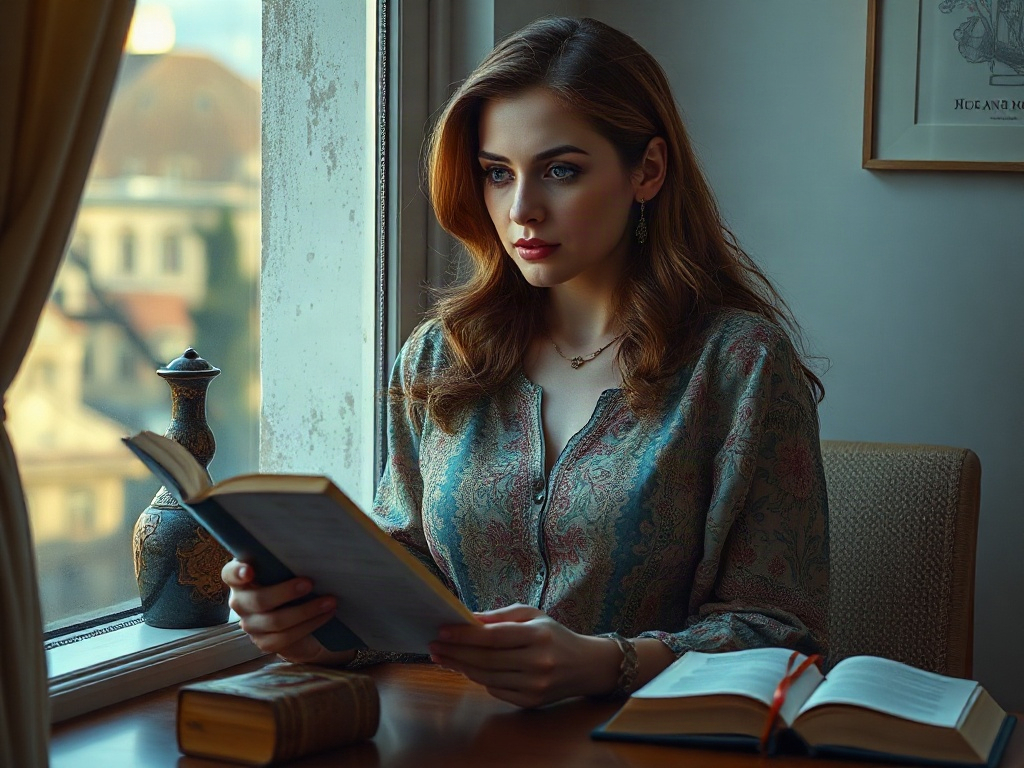 Не знаю, кто там изображён. Альтернативный текст: "Девушка сидит у окна и читает книгу, на столе лежат ещё книги."